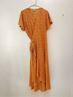 Flutter Sleeve Orange Maxi Wrap Dress with Tie Waist